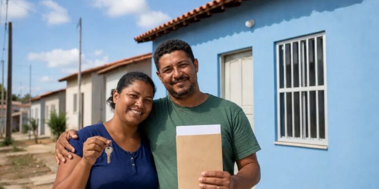Casal sorri segurando chave e envelope em frente a casa popular azul recém-recebida