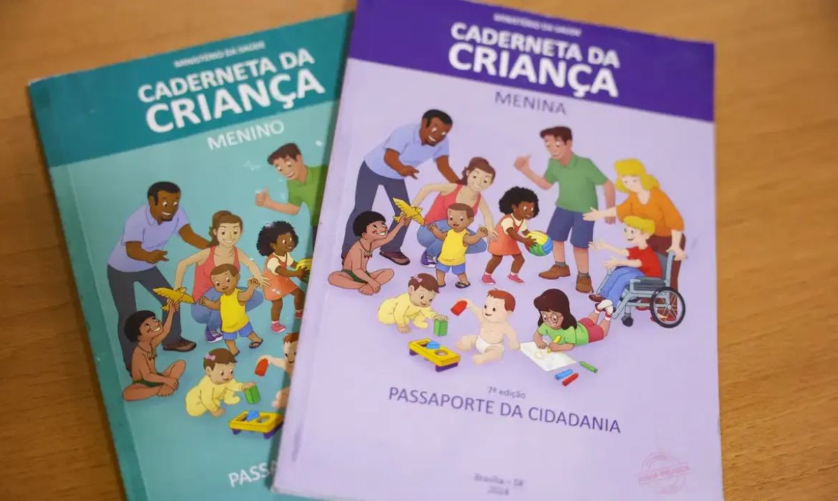 Cadernetas da Criança do Ministério da Saúde nas versões menino e menina sobre a mesa
