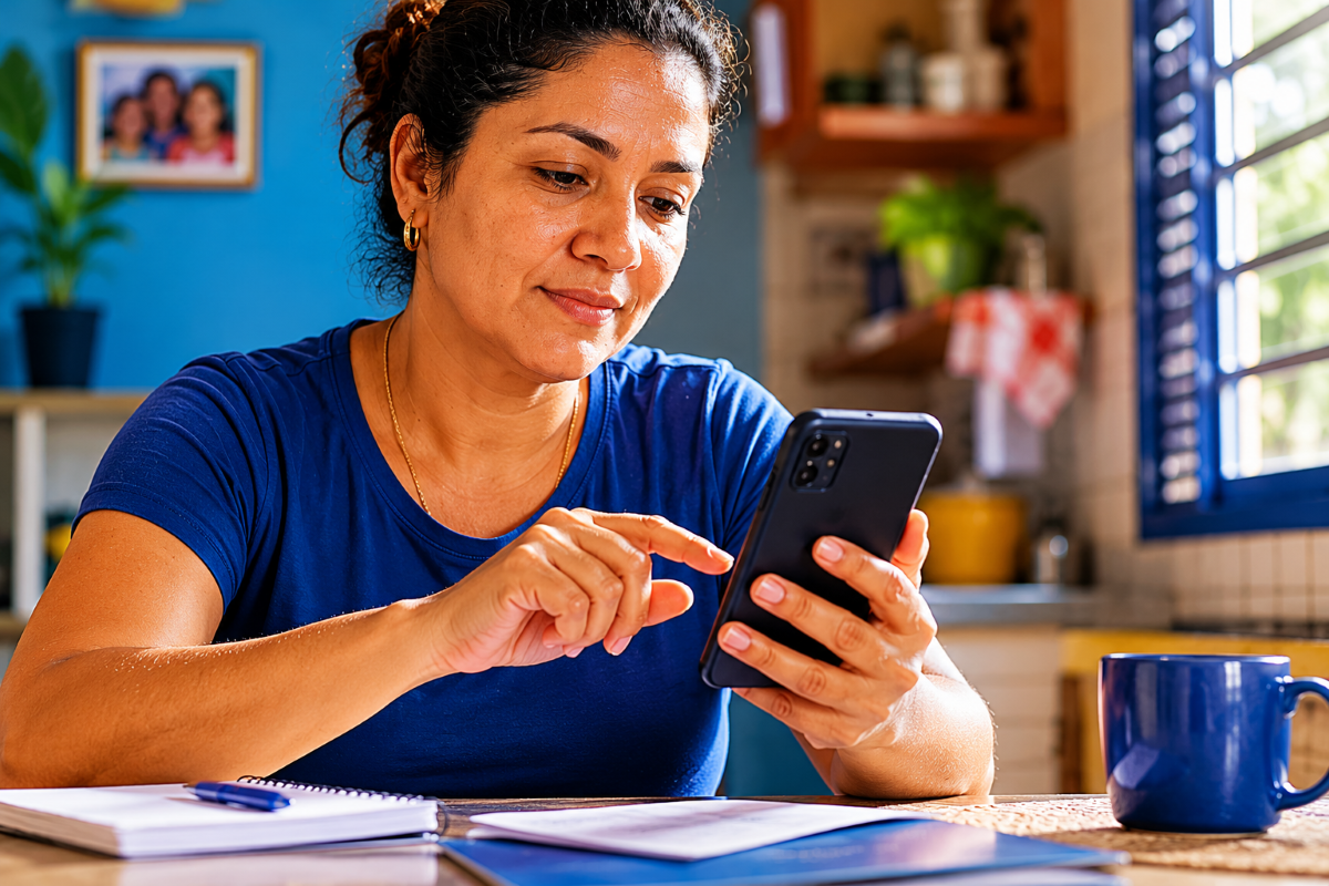 Mulher acessa celular sentada à mesa com caderno e caneca ao lado em cozinha de casa