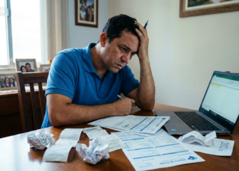 Homem preocupado revisa documentos do Imposto de Renda 2026 após cair na malha fina