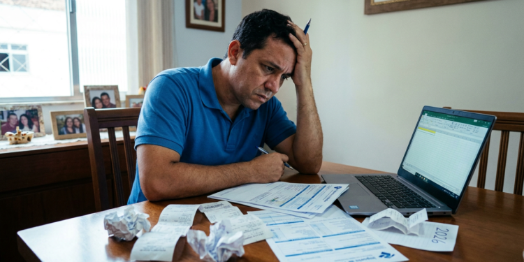 Homem preocupado revisa documentos do Imposto de Renda 2026 após cair na malha fina
