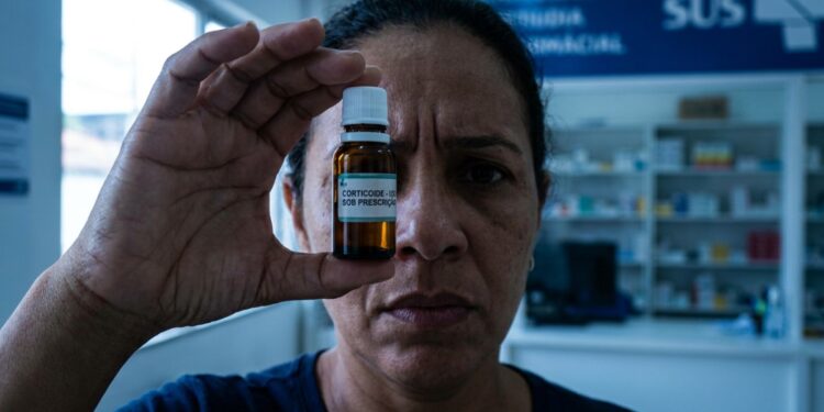 Corticoide sem prescrição, medicamento que pode causar glaucoma e cegueira, segurado em frente ao olho em unidade de saúde.