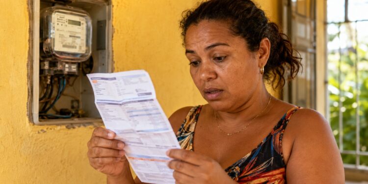 Mulher confere a conta de luz ao lado do medidor de energia, ilustrando o desconto do bônus de Itaipu na fatura de agosto