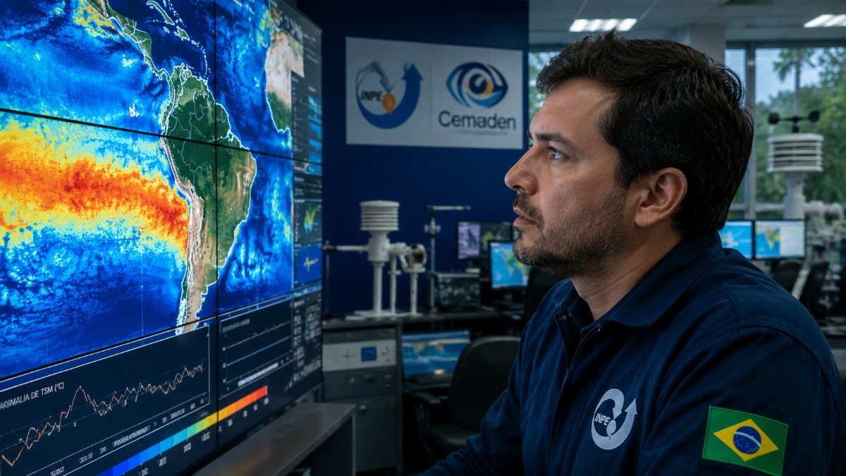 Especialista observa mapa de aquecimento do Oceano Pacífico em sala de monitoramento com logos do INPE e do Cemaden