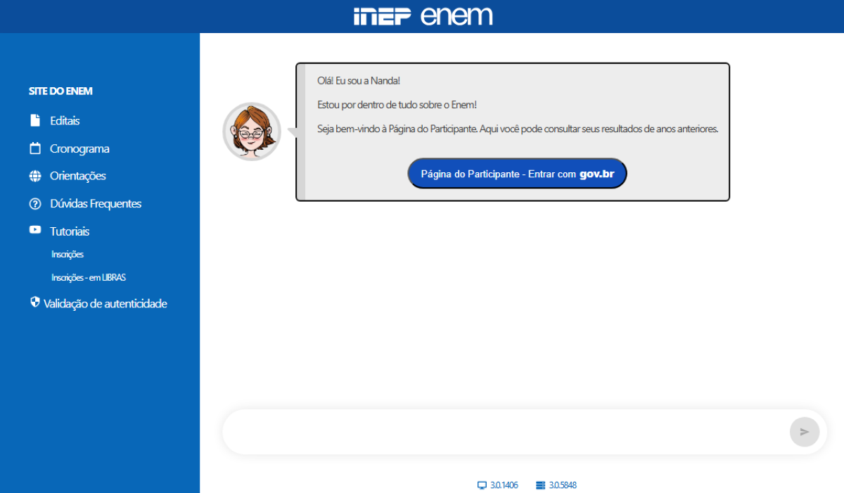 Página do Participante do Enem no site do Inep com botão de acesso via gov.br