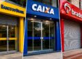 Fachadas de agências do Banco do Brasil, Caixa e Bradesco lado a lado, representando a definição de horários dos bancos pela Febraban na Copa.