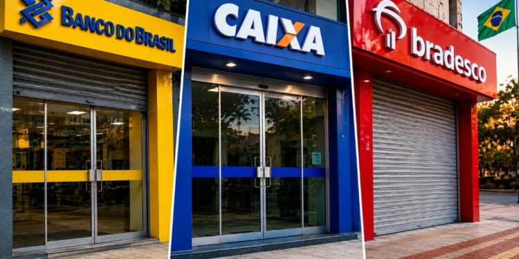 Fachadas de agências do Banco do Brasil, Caixa e Bradesco lado a lado, representando a definição de horários dos bancos pela Febraban na Copa.