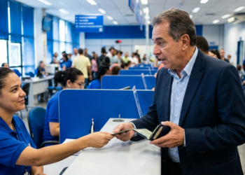 Idoso é atendido no balcão de um órgão público ao apresentar um documento, tema do projeto de gratuidade para a terceira idade.