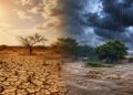 Montagem mostra solo rachado pela seca de um lado e enchente com chuva forte do outro, efeitos do El Niño no Brasil