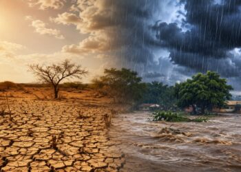 Montagem mostra solo rachado pela seca de um lado e enchente com chuva forte do outro, efeitos do El Niño no Brasil