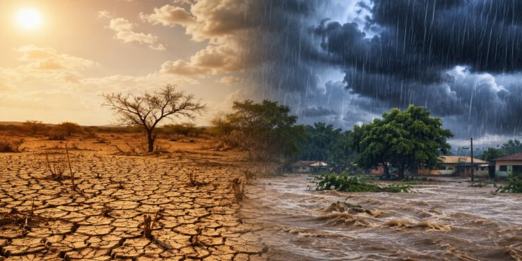 Montagem mostra solo rachado pela seca de um lado e enchente com chuva forte do outro, efeitos do El Niño no Brasil