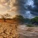 Montagem mostra solo rachado pela seca de um lado e enchente com chuva forte do outro, efeitos do El Niño no Brasil