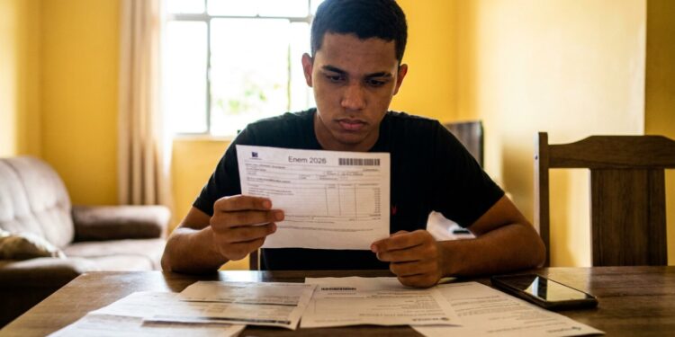 Estudante analisa boleto do Enem 2026, em referência ao novo prazo de inscrição e pagamento da taxa