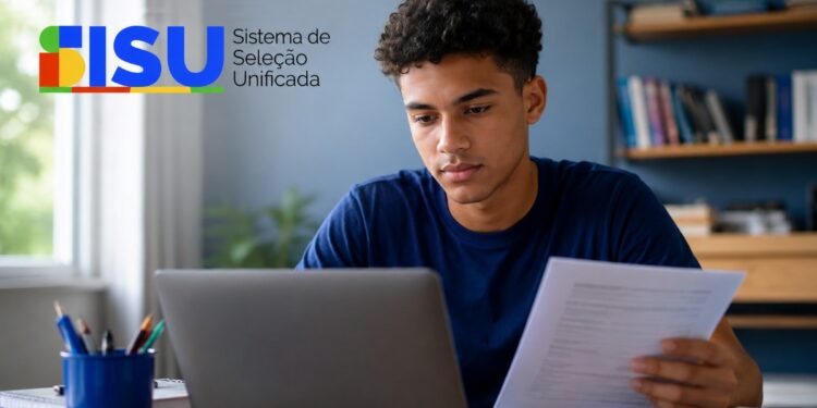 Jovem estudante de camiseta azul faz a inscrição no Sisu+ 2026 pelo notebook, segurando um documento, ao lado do logo do Sistema de Seleção Unificada