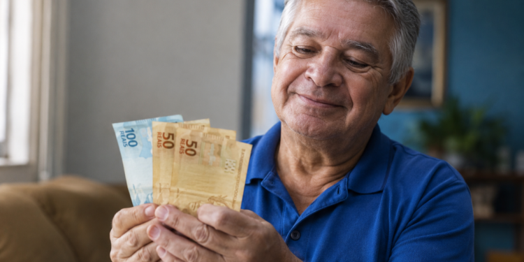 Homem idoso sorri ao contar notas de cem e cinquenta reais sentado na sala de casa