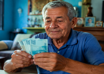 Idoso de camisa azul confere cédulas de cem reais em casa