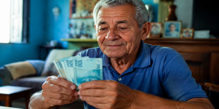 Idoso de camisa azul confere cédulas de cem reais em casa