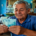 Idoso de camisa azul confere cédulas de cem reais em casa