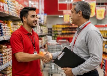 Funcionário de supermercado cumprimenta gestor com aperto de mão entre prateleiras