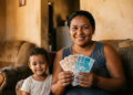 Mãe ao lado da filha pequena segura notas de real recebidas pelo programa Mães de Pernambuco