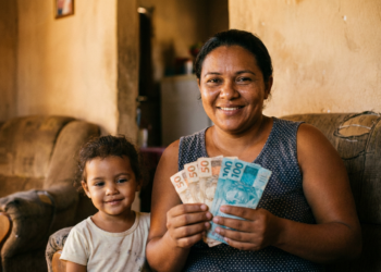 Mãe ao lado da filha pequena segura notas de real recebidas pelo programa Mães de Pernambuco