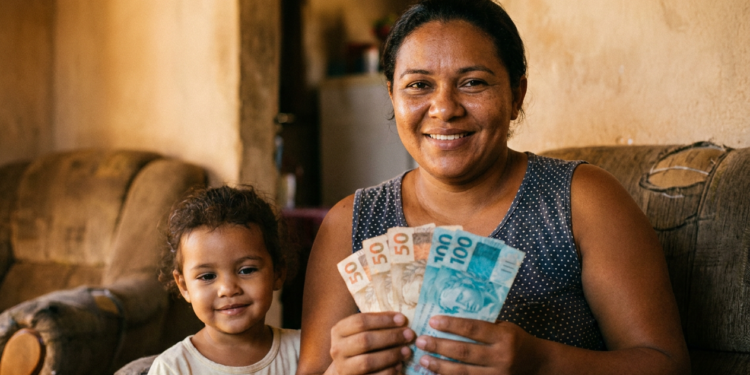 Mãe ao lado da filha pequena segura notas de real recebidas pelo programa Mães de Pernambuco