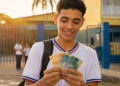 Estudante sorri ao contar notas de cem e cinquenta reais em frente à entrada da escola