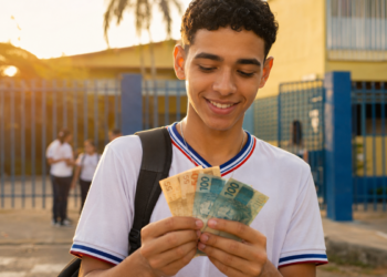 Estudante sorri ao contar notas de cem e cinquenta reais em frente à entrada da escola