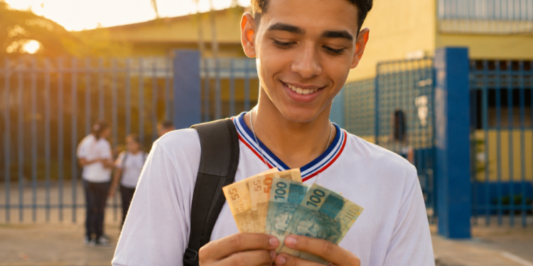 Estudante sorri ao contar notas de cem e cinquenta reais em frente à entrada da escola