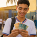 Estudante sorri ao contar notas de cem e cinquenta reais em frente à entrada da escola
