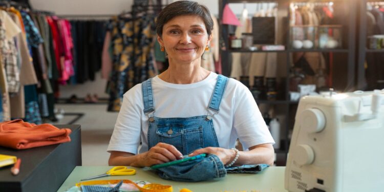 Costureira sorri em seu ateliê, ao lado da máquina de costura, tesoura e fita métrica, perfil de microempreendedora individual que seria beneficiada pelo novo teto do MEI