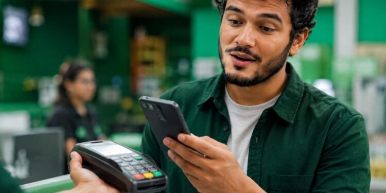 Homem paga aproximando o celular da maquininha; modalidade perde o limite de R$ 500 com a nova regra do Banco Central
