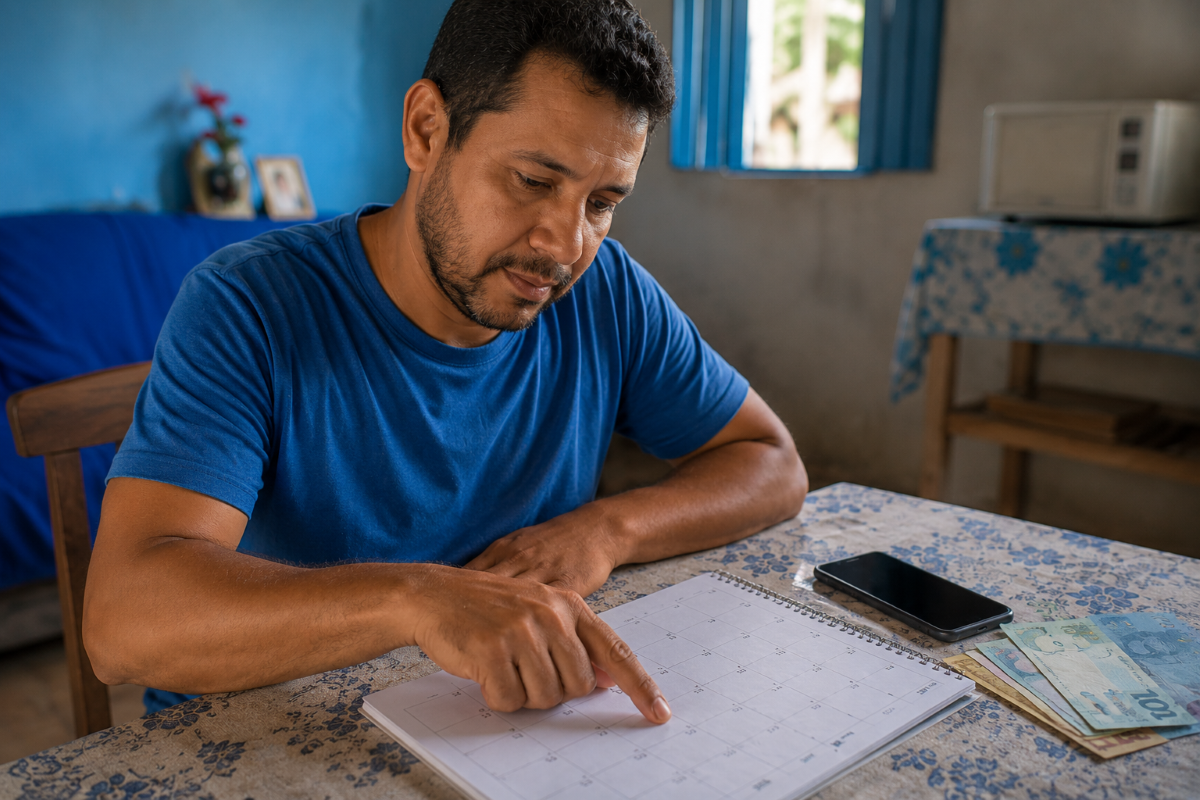 Homem aponta para data em calendário de mesa ao lado de celular e notas de real