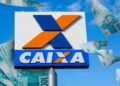Imagem ilustrativa com a placa do logotipo da Caixa Econômica Federal cercada por cédulas de cem reais, em referência ao pagamento do Bolsa Família.