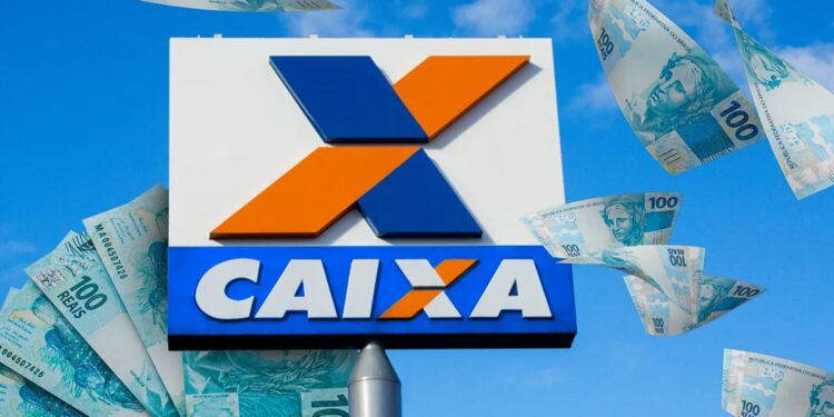 Imagem ilustrativa com a placa do logotipo da Caixa Econômica Federal cercada por cédulas de cem reais, em referência ao pagamento do Bolsa Família.