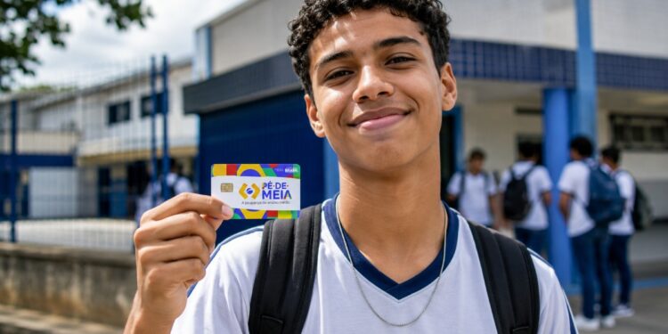 Estudante do ensino médio sorrindo e segurando o cartão do Pé-de-Meia em frente à escola, representando o pagamento do incentivo-frequência
