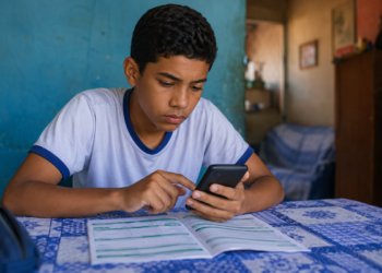 Estudante de uniforme consulta o celular com documento sobre a mesa em casa