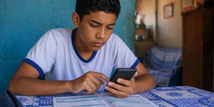 Estudante de uniforme consulta o celular com documento sobre a mesa em casa