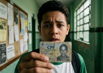 Estudante mostra o cartão do CPF no corredor da escola, em referência à exigência do documento regular no Pé-de-Meia