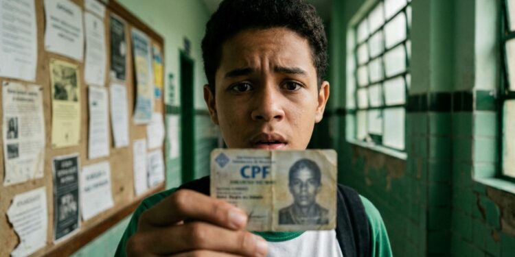 Estudante mostra o cartão do CPF no corredor da escola, em referência à exigência do documento regular no Pé-de-Meia
