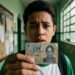 Estudante mostra o cartão do CPF no corredor da escola, em referência à exigência do documento regular no Pé-de-Meia