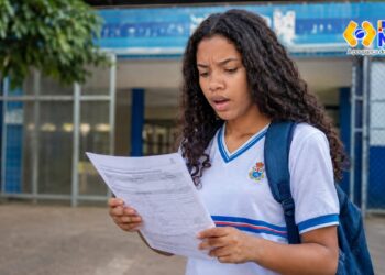 Estudante de uniforme e mochila lê um documento em frente à escola com expressão de dúvida, ao lado da logomarca do Pé-de-Meia