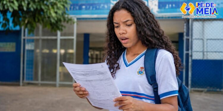 Estudante de uniforme e mochila lê um documento em frente à escola com expressão de dúvida, ao lado da logomarca do Pé-de-Meia