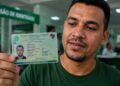 Homem segurando e exibindo a nova Carteira de Identidade Nacional em um posto de emissão de identidade, em referência aos prazos de troca do RG em 2026