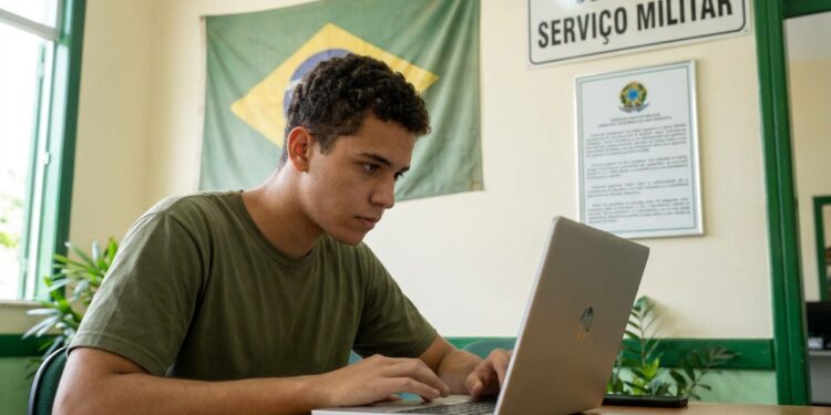 Jovem de camiseta verde faz o alistamento militar pelo notebook em uma sala da Junta de Serviço Militar, com a bandeira do Brasil ao fundo