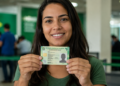 Mulher sorridente exibe a nova Carteira de Identidade Nacional em posto de atendimento