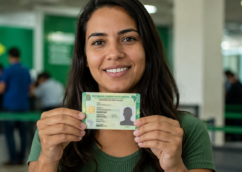 Mulher sorridente exibe a nova Carteira de Identidade Nacional em posto de atendimento