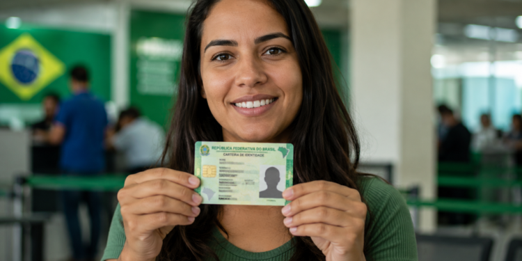 Mulher sorridente exibe a nova Carteira de Identidade Nacional em posto de atendimento