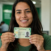 Mulher sorridente exibe a nova Carteira de Identidade Nacional em posto de atendimento