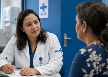 Imagem ilustrativa de médica do SUS, de jaleco branco, em consulta com uma paciente, tema do projeto que prevê exames genéticos para câncer de mama hereditário.